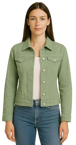 kraftd Women's Denim Jackets Casual Summer Long Sleeve Jacket | Ladies Denim Jackets Button Up Slim Fit | Stretch Denim Jacket | Jacket Women UK with Collared Neckline and Pockets (Green Bay, 8)