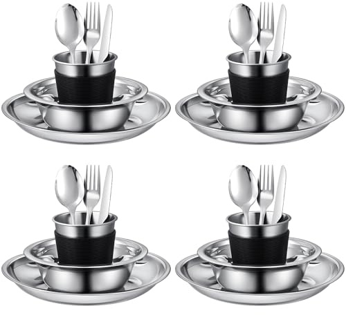 Lafuntar Camping Plate Bowl Cup Cutlery Set for 4, Reusable Outdoor Dinner Set for Travel Picnic Backpacking.