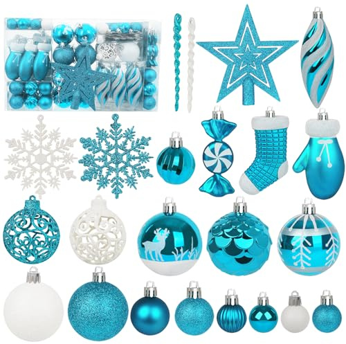 Miaikoe 135 Stück Weihnachtskugel Ornamente Set, zerstörungsdicht Plastik Sortierte vorgebundene Weihnachtskugeln für Weihnachtsbaum hängende Dekorationen Festival Party Holiday Dekor (Teal)