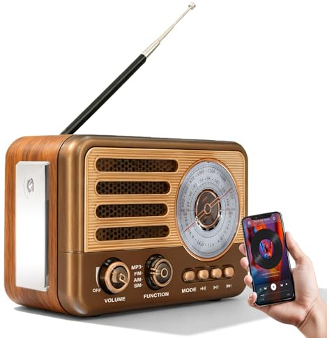 Retro Radio mit Bluetooth, Vintage Transistorradio, Nostalgie Radio Klein, AM/FM/SW, Unterstützt USB/TF/Aux-MP3-Wiedergabe, Wiederaufladbarem, Küchenradio für Zuhause Büro Outdoor