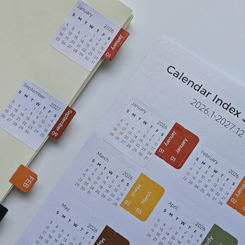 Calendarios pegatinas 2026-2027 mensuales pegamento índice pestañas marcadores de página para revistas, álbumes de recortes, cuadernos balas, proyectos de manualidades DIY (Joy)