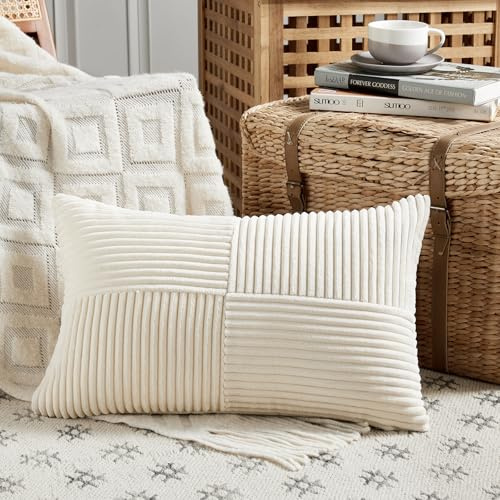 FDTERN Federe Cuscini Beige Chiaro 35x55 per Divano in Velluto a Coste Moderno Morbido Motivo a Croce Decorativa Copricuscini con Cerniera Invisibile per Divano Camera da Letto