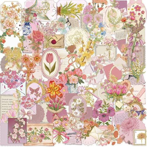 Die-Cut Floral Stickers (50pcs) - Transparent Gold Foil Scrapbook Supplies for Journaling, Card Making, Vintage Paper Crafts