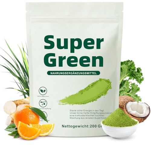 Grüne Entgiftungspulver, Superfood Entgiftungspulver, Greens Pulver Helfer | 200g | Mit Spirulina, Gerstengras, Inulin Mit Vitamin D3 für Energie & Vitalität | Ohne Zusatzstoffe, Soja, Gluten