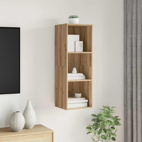 Mandloder Mueble para TV de roble Artisan, 37 x 37 x 107 cm, material de madera, montaje en pared, diseño moderno, 3 estantes, almacenamiento de medios para salón