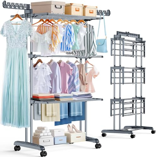 PurKeep Thicken & Durable Clothes Airer, Extra Large 4-Tier Capacity Foldable Clothes Drying Rack with Wheels, Stainless Steel Clothes Horse for Indoor/Outdoor Use in Bedroom, Laundry 50D x 76W x 172H