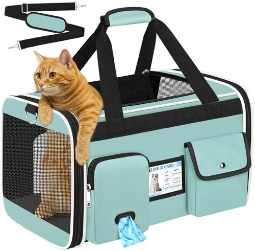 TEUEN Soft Sided Cat Carrier Airline Approved - Anti-Scratch Travel Bag for Cat/Dog/Small Pets, 360° Mesh Windows, Foldable with Washable Mat & Safety Leash (Up to 9kg)