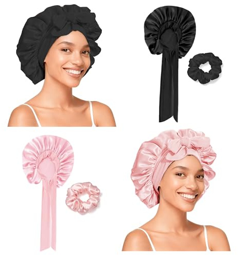 2er Set Seidenhaube zum Schlafen mit 2 Haargummis - Verstellbare Satin Haarhaube mit Elastikbund - Schlafhaube Seide Weicher Haarschutz Nachts für Locken & Lange Haare, Duschhauben