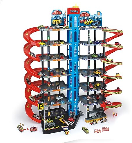XXL parkeringsgarage barn med hiss och 10 bilar – 7 våningar parkeringshus leksak med 77 parkeringsplatser, 12 ramper, bensinstation och tågstation – stor parkeringsgarage lekset plast från 3 år