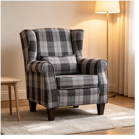 INMOZATA Wingback Armchair, Linen Fireside Chair with Waist Cushion, High Load Bearing 170LBS Accent Chair with Solid Walnut Wood Legs for Living Room Bedroom (Grey Check)