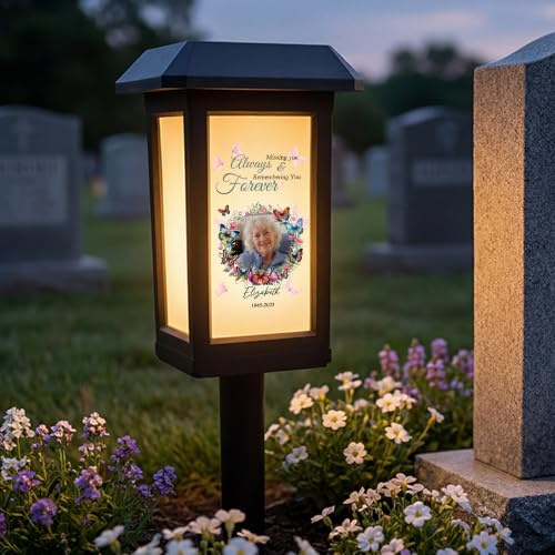 idooodle Personalised Solar Memorial Garden Light, Custom Photo Butterfly Wreath Outdoor Light with Name and Year, Solar Powered Remembrance Decoration Gift for Garden, Patio and Loved Ones