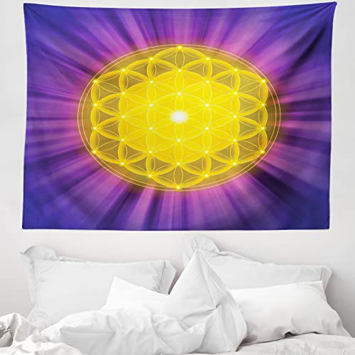 ABAKUHAUS lila Mandala Wandteppich, Blume des Lebens aus Weiches Mikrofaser Stoff Waschbar ohne Verblassen Digitaldruck, 150 x 110 cm,Gelb Lila