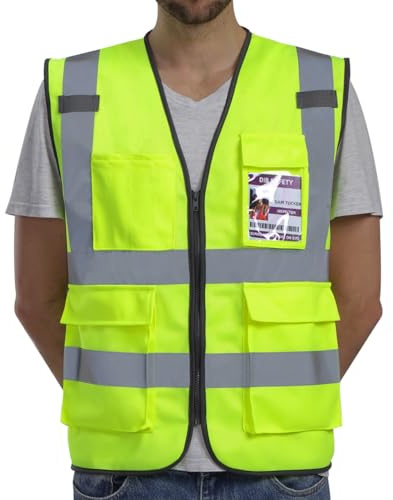 Dib Safety Reflective Vest ANSI Class 2, High Visibility Vest with Pockets and Zipper, Hi Vis Yellow L