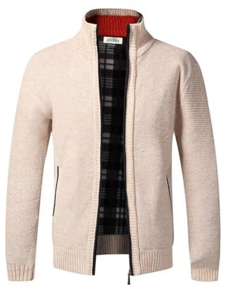 Jinsha Herren Strickjacke, Dicker Pullover, mit durchgehendem Reißverschluss, Stehkragen, warm, Fleece-gefüttert, Wintermantel(Khaki XL)