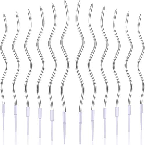 12 Pcs Twisty Birthday Candles Long Spiral Cake Candles Metallic Cake Cupcake Candles Long Thin Coil Cake Candles with Holders for Birthday Wedding Party Cake Decoration (Silver)