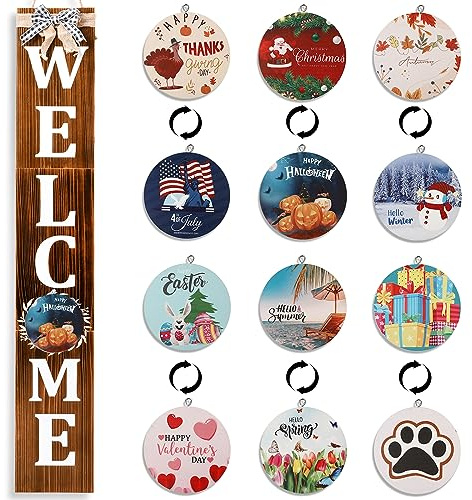 ECOGREDA Welcome Sign for Front Porch– 47inch,Wooden Interchangeable Vertical Home Wall Decor,Standing and Hanging Farmhouse Outdoor Indoor Decor Welcome Door Sign