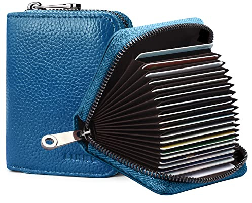 Goopai RFID 20 Card Slots Credit Card Holder Genuine Leather Accordion Card Case Small Wallet for Women or Men with Zipper (Ocean Blue)