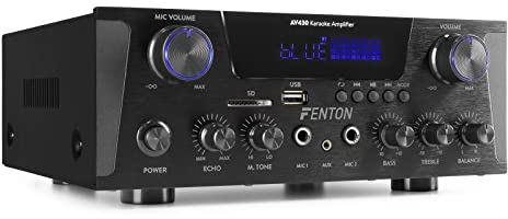 Fenton AV430B Amplificateur Audio HiFi 600 Watts - Noir, Streaming Bluetooth, Radio FM, Fonction MP3, Lecteur SD/USB, Karaoké, 2 Entrées Microphones, Idéal pour Vos Soirées Karaoké