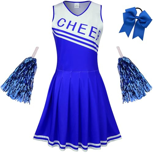 GRAJTCIN Girls Cheerleader Costume Dress for Kids Halloween Costume 13 Years Cheer Uniform Cheerleading Outfit (160, Blue)