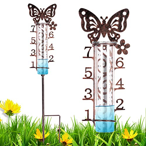 Regenmesser Outdoor mit großen Zahlen leicht zu lesen, dekorativer Regenmesser mit rostfreiem Metallpfahl, Regenmessgerät mit 17,8 cm Ersatzglasrohr, Regenmesser für Hof, Garten, Rasen (Schmetterling)