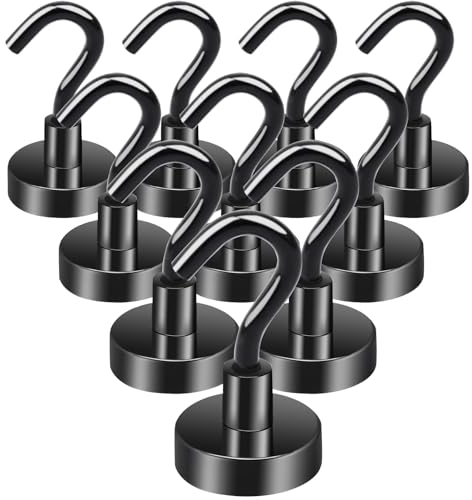 OCEUMAOA 10 Pack Magnetic Hooks Heavy Duty 35lb Strong Magnet Hook Neodymium Magnets Hooks for Cruise Cabins Kitchen Fridge Van Classroom Office Camping Accessories 20mm Black
