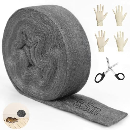 Ziamzra Stahlwolle Gegen Mäuse 8,5M Stahlwolle Wirksam Stahlwolle Fein 0000 Mäuse Stahlwolle 0000 mit Schere Arbeitshandschuhen für Löcher Ritzen Wand Risse Reinigen Polieren Haus Garage Garten