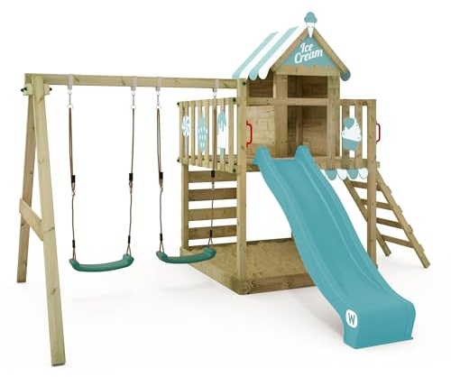 WICKEY Spielturm Klettergerüst Smart Candy mit Schaukel & Rutsche, Baumhaus mit Sandkasten, Kletterleiter & Spiel-Zubehör – Pastellblau