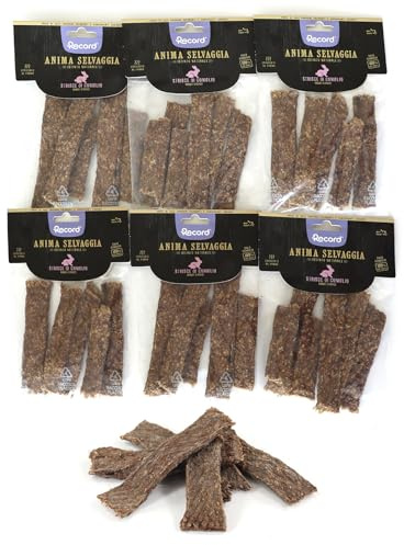Record Premium Hundesnack für Wilde Seele Geschmack Kaninchen, Made in Italy. Fleischstreifen für Hunde, ofengetrockneter Hundesnack, 100% natürlich, 6 Beutel à 75 g