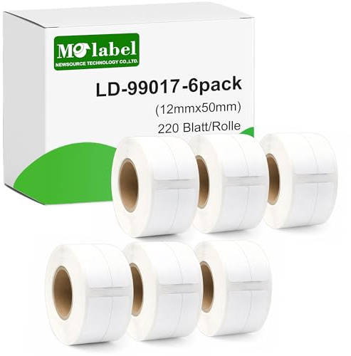 Molabel – 6 rullar 99017 självhäftande etiketter, kompatibla med Compatible with DYMO S0722460, 12 mm x 50 mm, totalt 1 320 etiketter, mappetiketter, kompatibla med LabelWriter 450-serien och 4XL.
