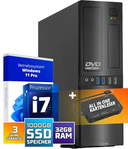 Schneller PC mit Intel Core i7 - Desktop Computer + Silent Rechner für Büro & Home Office mit 8-Thread 3.90 GHz - 32GB RAM - 1024GB SSD - USB3.0 - WLAN BT - inkl Windows 11 Pro mit Card Reader 5-in-1