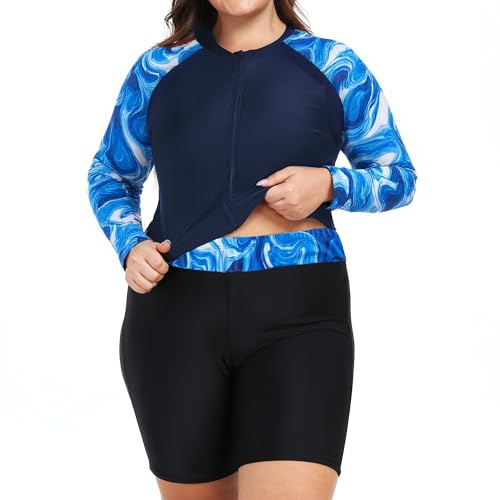Owntop Camiseta de natación de talla grande para mujer | 2 piezas UPF 50+ | Camisas de manga larga con cremallera y pantalones cortos de cintura alta | Trajes de baño de secado rápido | Natación Surf