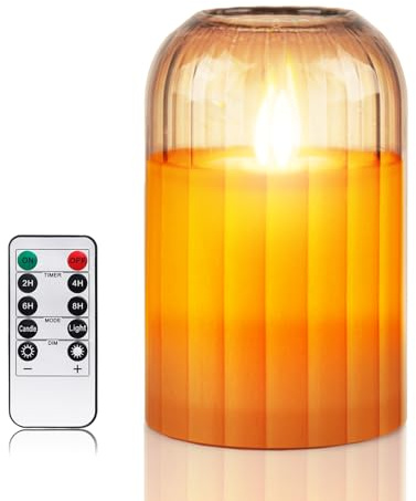 PinnWaa Candele LED, Candele in Vetro Senza Fiamma Tremolante con Telecomando e Funzione Timer, a Batteria, per La Decorazione, Festa, Vacanze, Hotel (D 7.5 x H 10 cm) - Arancia