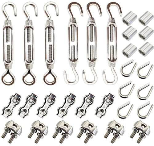 30 Piezas Juego de Tensores de Alambre, con 4mm Tensores de Cable, 3mm Abrazaderas de Cable, Abrazaderas Dúplex, Guardacabos de Cable y 3mm Manguitos de Engarce de Aluminio para Tendederos, Toldos