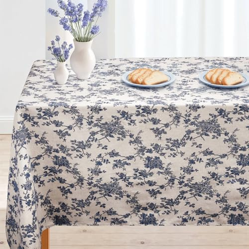 ausurme Rectangle Tablecloth,Blue Floral Pastoral Table Cloth,Cotton Linen Table Cloth,Vintage Tablecloth,Table Cover for Kitchen Picnic Dining Party Decor(Blue Floral, 150×220cm)