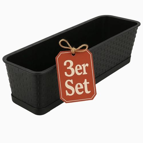 BigDean 3X Blumenkasten mit abnehmbarem Untersetzer Anthrazit 80 cm lang - Balkonkasten Pflanzkasten für Innen- & Außenbereich geeignet - Made in Europe