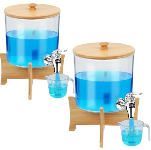 Ecopandy Set di Contenitori per Bucato da 4,5 L con Rubinetto, Confezione da 2 Contenitori per Bucato con Etichette e Coperchi in Bambù, Dispenser per Detersivo con Supporto, Misurino