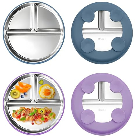 Aischens Set de 2 Platos de Acero Inoxidable con Ventosas para Bebés y Niños, 2pcs Platos Infantiles Divididos Antideslizantes con Cubierta de Silicona Removible, Sin BPA (Azul & Púrpura)