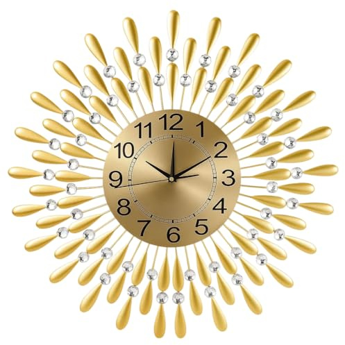 JF HOME BLISS Modern Metal Wall Clock 60cm Sunflower Wall Clock Diamond Spiked Beaded Jeweled Large Wall Clocks for Living Room Modern Gold