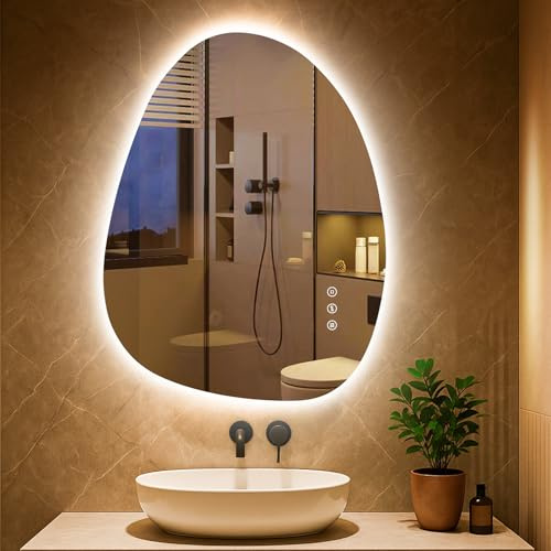 PESENXAN Asymmetrisk LED-badrumsspegel med belysning 65x50 cm, imfri, 3 ljusfärger justerbar badrumsspegel med belysning, dimbar, med minnesfunktion, energibesparande, horisontell/vertikal