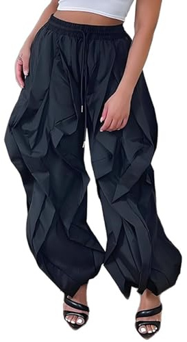 Women's Baggy Barrel Cargo Pants Y2k High Waisted Drawstring Wide Leg Casual Ruffle Patchwork Parachute Pants Black