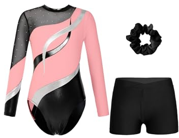 Moggemol Ensemble De Gymnastique Pour Enfants Fille Manches Longues Strass Mesh Patchwork Tenue De Gym Body Short Et Élastique À Cheveux Rose et noir 9-10 ans