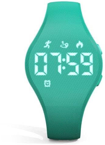 Focwony Digitale Fitness-Tracker-Uhr für Kinder mit LED-Anzeige, für 5–15 Jahre, wasserdichte Armbanduhr ohne App, mit Schrittzähler, Wecker, für Kinder, Jungen, Mädchen, Teenager (Dunkelgrün)