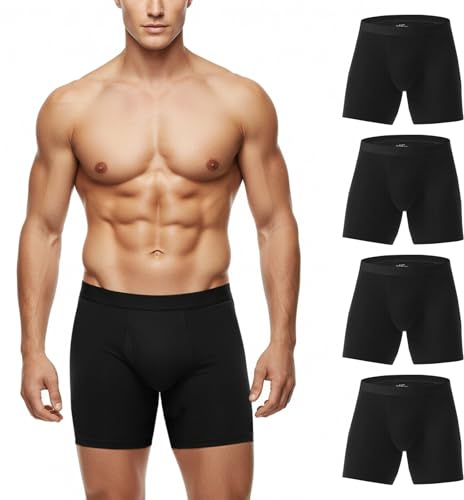 ZAKASA Boxer Homme Calecon Coton: sous-vêtements Long Boxers Ajustés Shorts Hommes Braguette Ouverte Respirant sans Étiquette XXL Noir Lot de 4