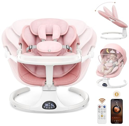 Niktulo Baby Swing para bebés a niños pequeños con bandeja, mosquetín de 5 puntos de 3 asientos de 5 velocidades, Swing recién nacido eléctrico con Blueteeth Music 10 melodías preestablecidas (rosa)