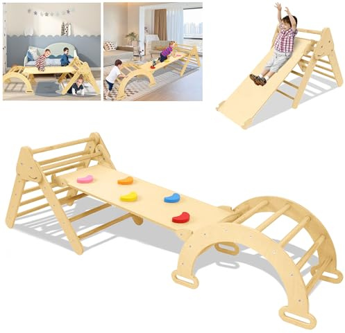 SAILUN Indoor Climbing Frame, Wall Bars 3 in 1, Montessori Climbing Triangle, Wooden Toddler Climbing Frame Set, Baby Slide Climbing Frames, Indoor Climbing Arch for Toddlers from 2-8 Years