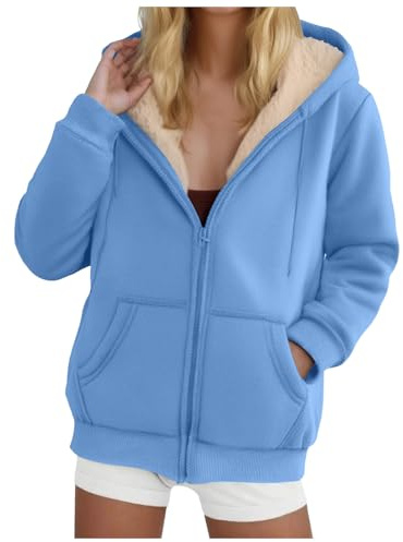 Womens Teddy Fleece Hoodies Warm Sherpa Lined Fuzzy Sweatshirts with Pockets Oversized Full Zip Hooded Jacket Ladies Winter Warm Jumper Coat Outwear Thermal Outfits ﻿ Blue