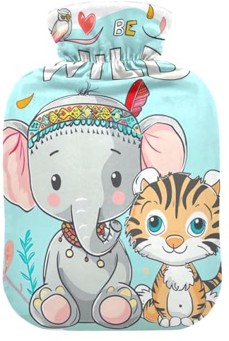 Hot Water Bottle with Soft Cover Hand Feet Warmer Cute Cartoon Elephant Tiger Hot Water Bag for Foot Bed Warmer Pain Relief Small