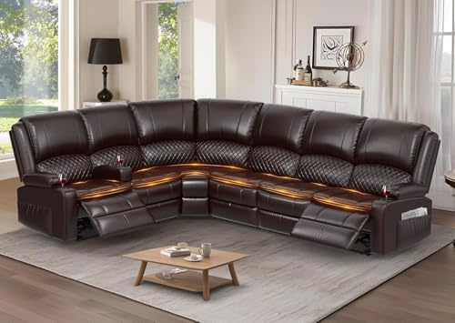 Yolsali Manual Reclining Sectional Sofa Set, 6 Seats Soft Leather Recliner Corner Sectional Couch, Family-Sized L-Shaped Recliner Couch with USB Charging, Thickened Padding, Sturdy Frame, Brown