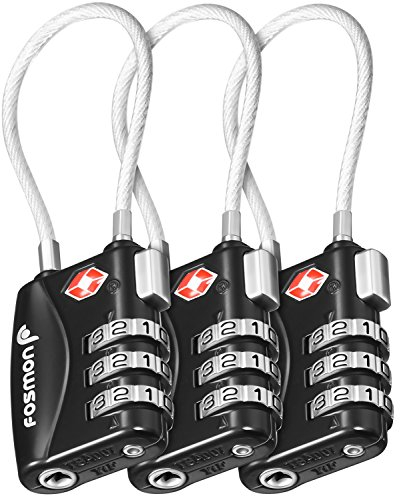Fosmon - TSA Kofferschloss Zahlenschloss mit 3-Stelliger - Kabelschloss Mit Zahlencode für Koffer, Reiserucksack, Schließfach - TSA Gepäckschloss Klein - Schwarz – 3 Stück