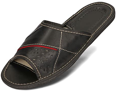 BeComfy Zapatillas de Casa para Hombres 100% Cuero Genuino Zapatillas de Verano Puntera Abierta 40-46 EU (Negro Rojo, 42)